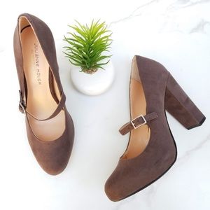 ‘Whitney’ Mary Jane Suede Heels in Taupe